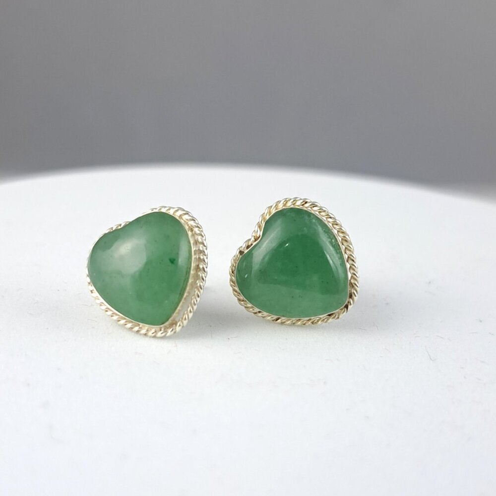 Heart-Shaped Green Jade Stud Earrings in Silver
